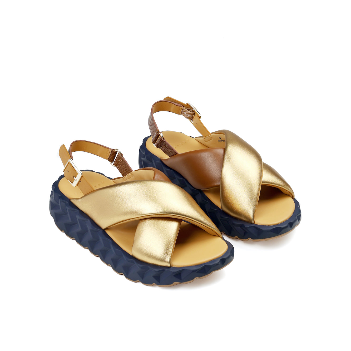 Women's brown and gold leather sandals at 4CCCCEES
