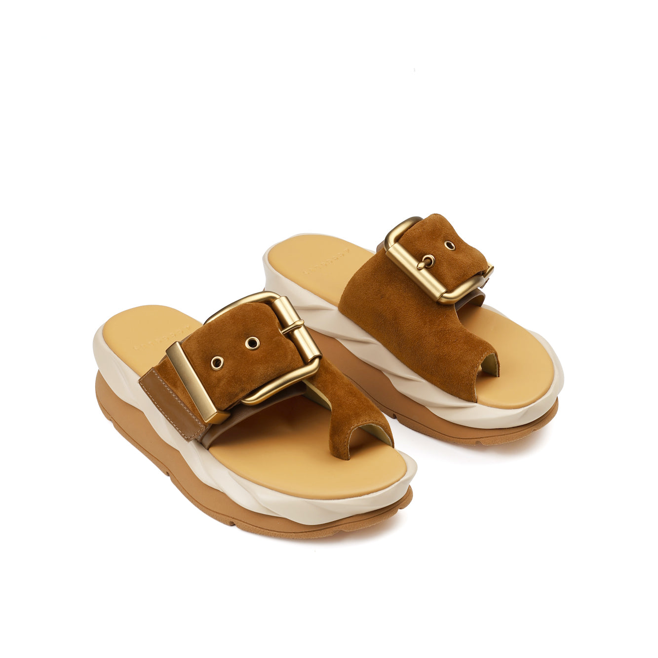women's slide leather sandals in luxurious brown suede with oversized golden buckle detail