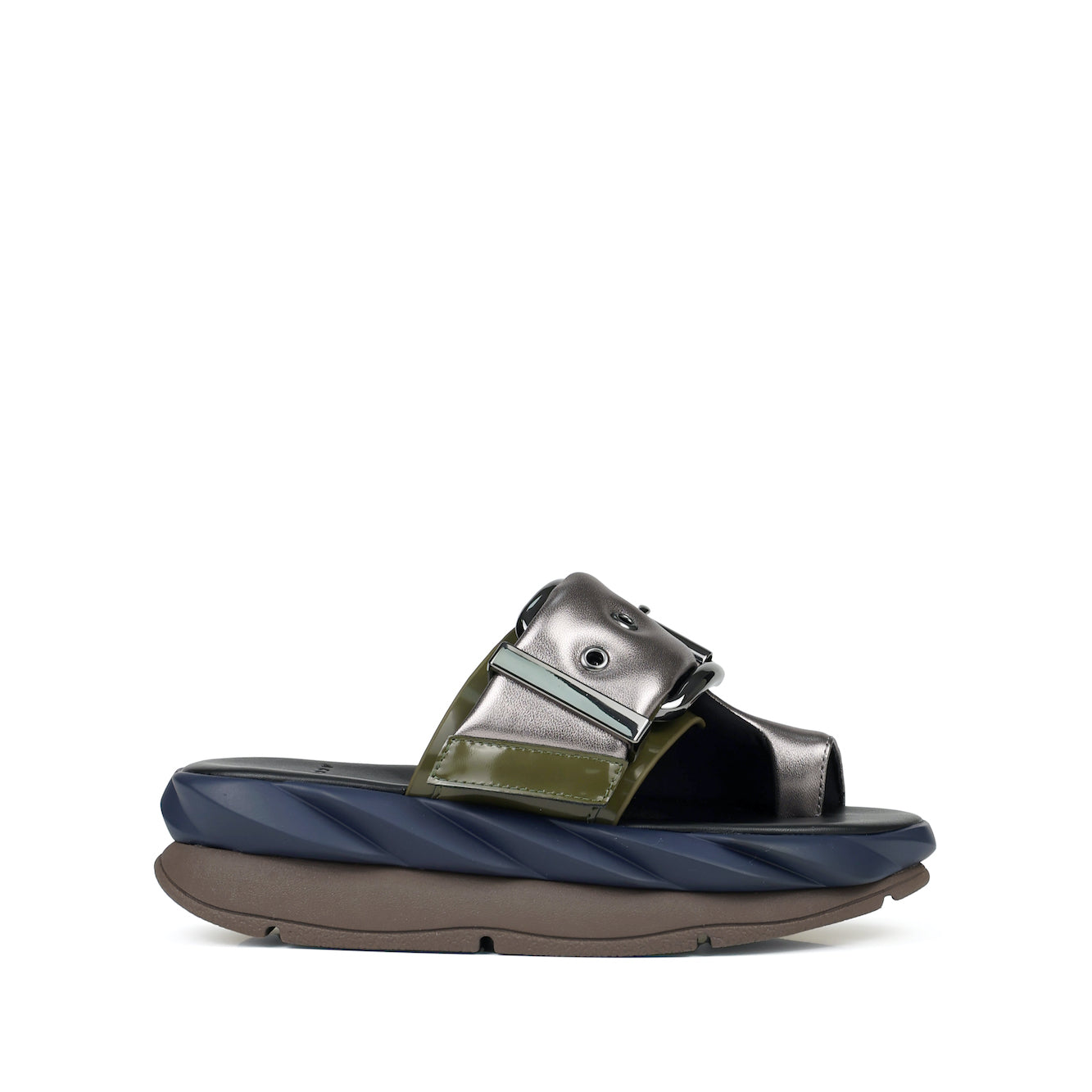 Women's slide toe sandals in grey metallic leather