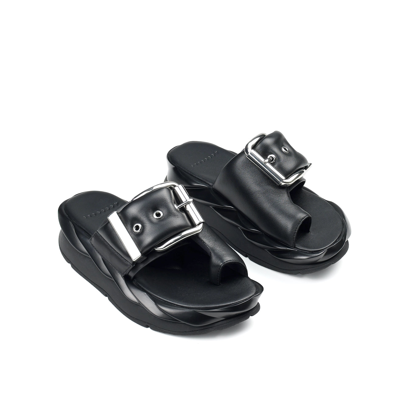 Black leather sandals with oversized buckle detail and comfortable platform