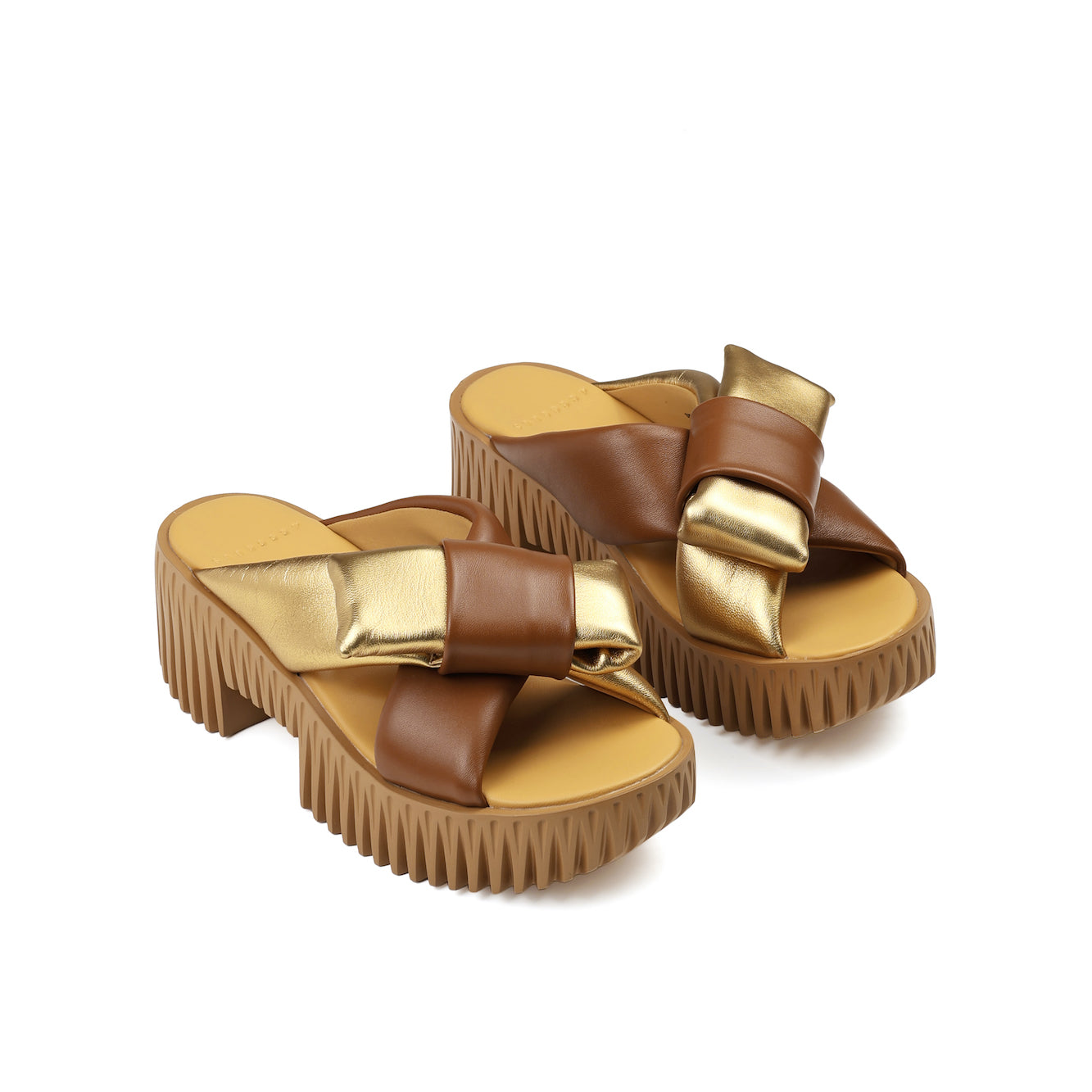 Women's brown and gold leather sandals with bow detail