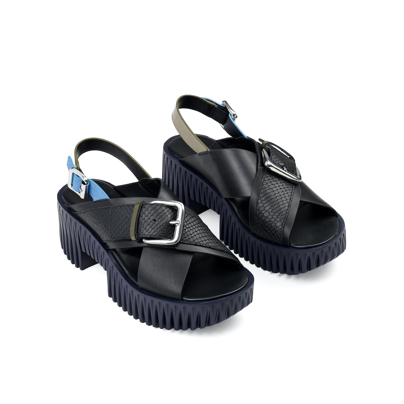 Women's black leather sandals with unique design
